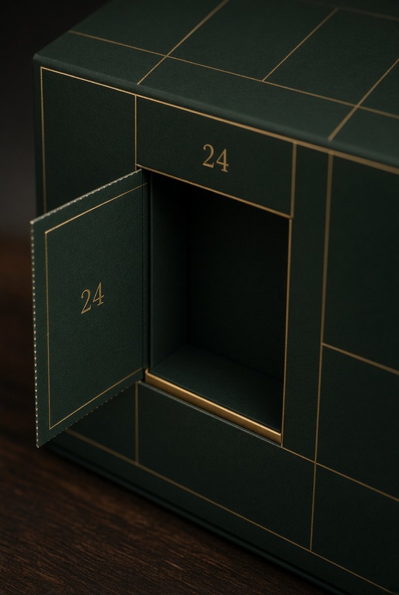 Step 4: close-up of one open numbered door on the green paperboard countdown box, ready for your packaged 1 g