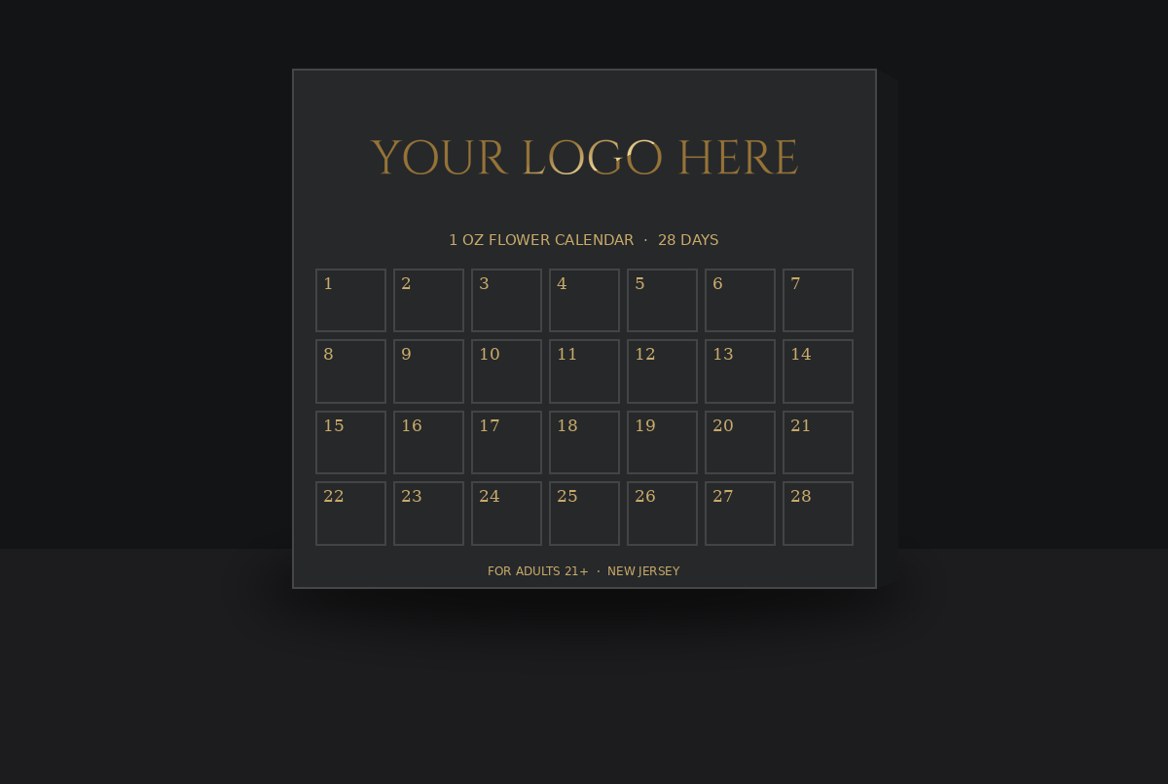 Product shot of the 28-door paperboard calendar, neutral studio backdrop
