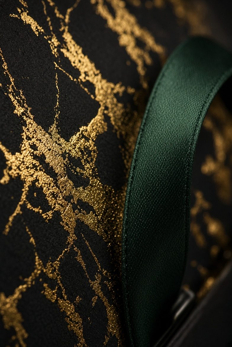 Close-up macro of gold-foil lettering on soft-touch black paper with a satin ribbon