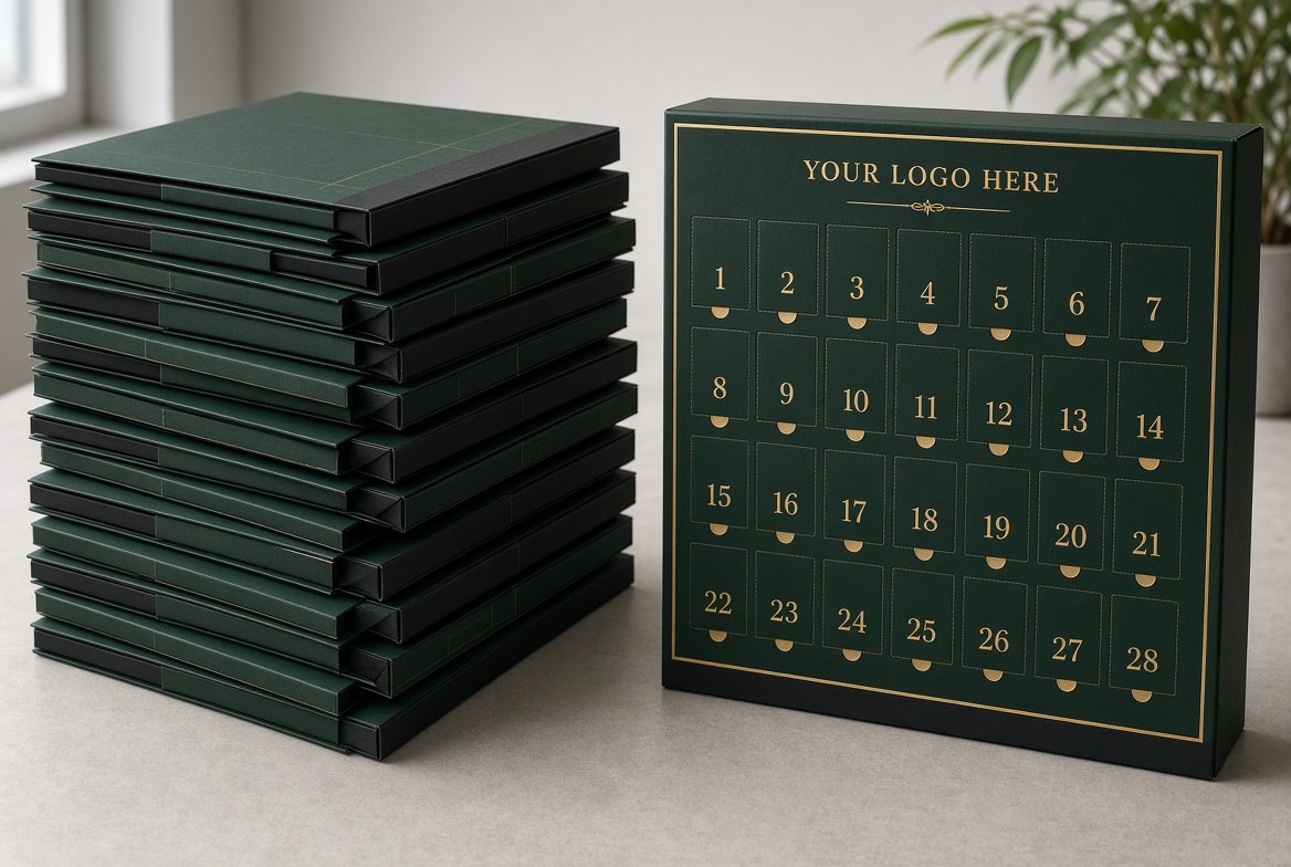 A 28-door box mockup with YOUR LOGO HERE